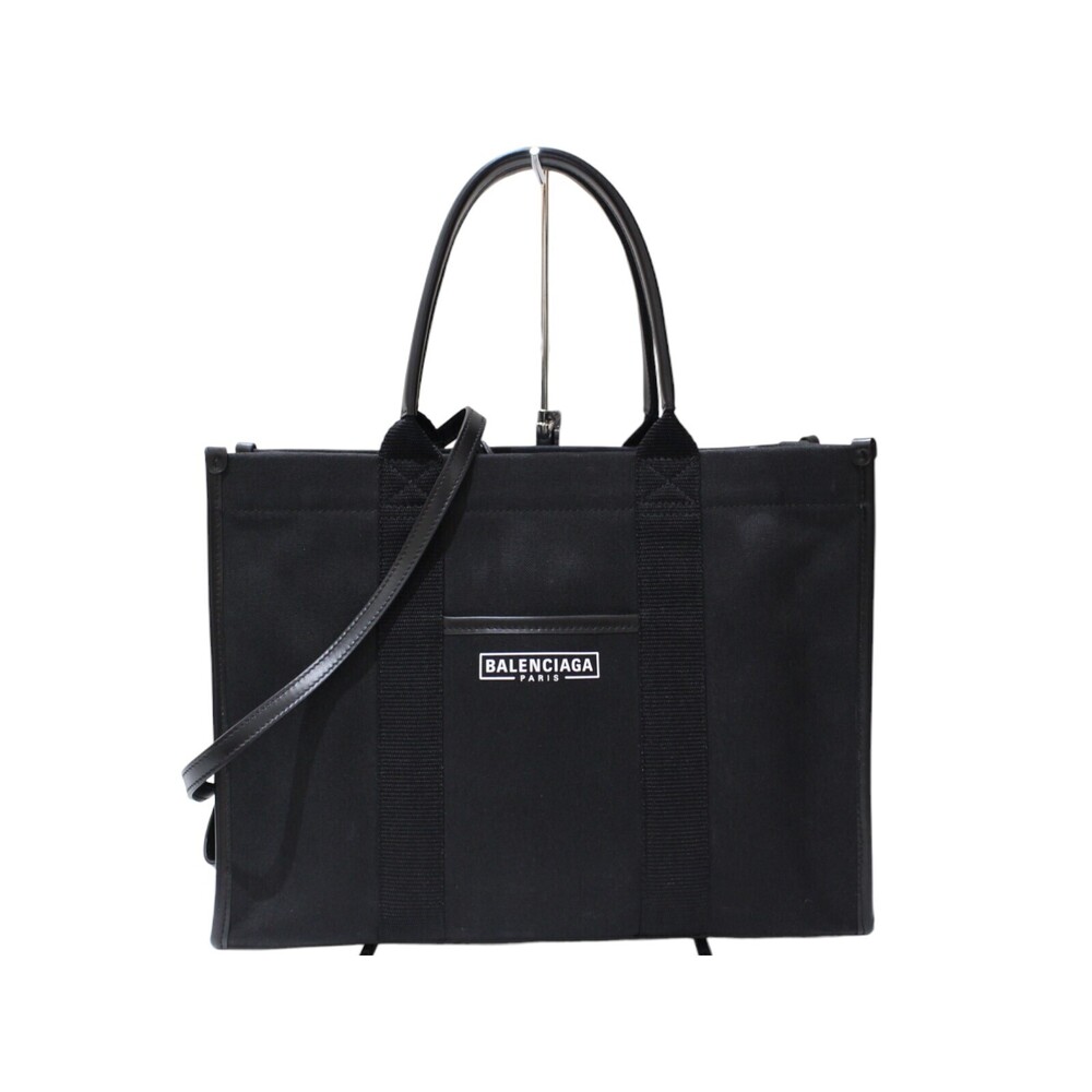 BALENCIAGA Hardware Tote Shoulder Bag Strap Canvas Leather Black Logo